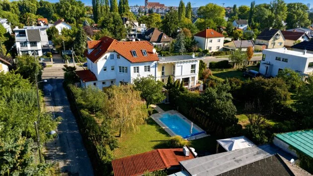 Beheizter Salzwasser-Pool, Sauna, Weinkeller: Großzügiges Familienhaus mit Südgarten in Ruhelage an der Alten Donau